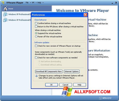 Ekrano kopija VMware Player Windows XP