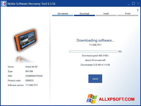 Ekrano kopija Nokia Software Recovery Tool Windows XP