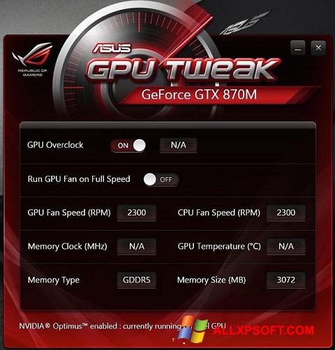 Ekrano kopija ASUS GPU Tweak Windows XP