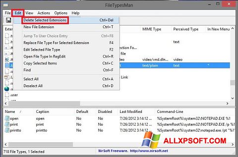 Ekrano kopija Unassociate File Types Windows XP