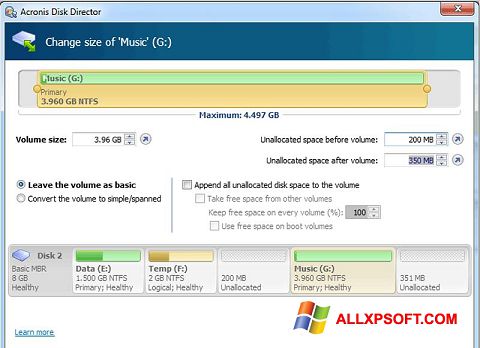 Ekrano kopija Acronis Disk Director Windows XP