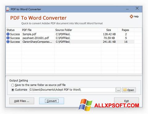 Ekrano kopija PDF to Word Converter Windows XP