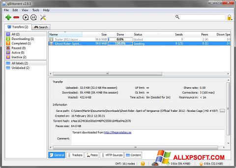 Ekrano kopija qBittorrent Windows XP