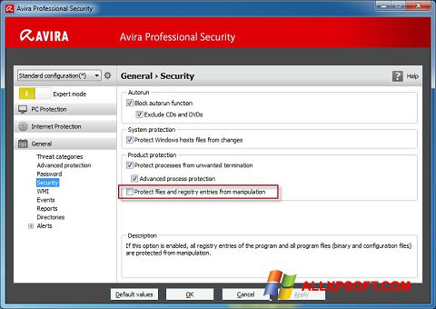 Ekrano kopija Avira Professional Security Windows XP