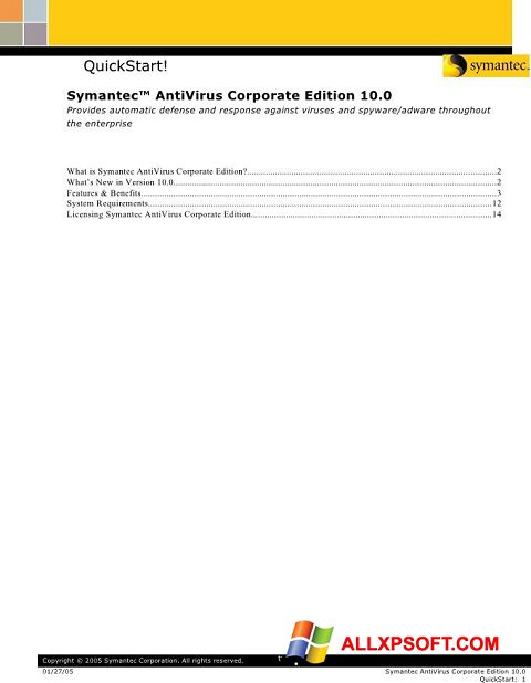 Ekrano kopija Symantec Antivirus Corporate Edition Windows XP