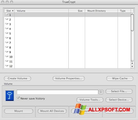 Ekrano kopija TrueCrypt Windows XP
