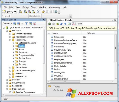 Ekrano kopija Microsoft SQL Server Windows XP
