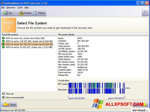 Ekrano kopija GetDataBack Windows XP