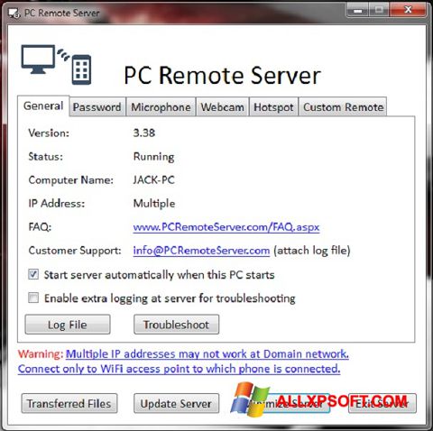 Ekrano kopija PC Remote Server Windows XP