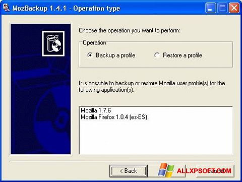 Ekrano kopija MozBackup Windows XP