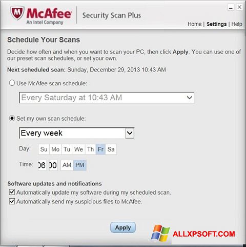 Ekrano kopija McAfee Security Scan Plus Windows XP