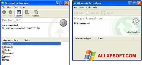 Ekrano kopija Microsoft ActiveSync Windows XP