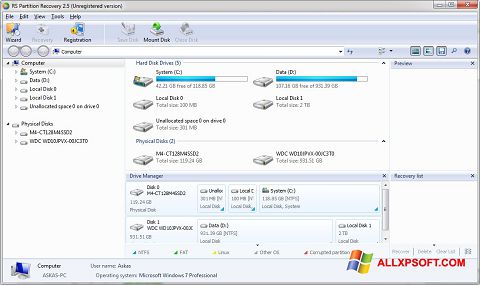Ekrano kopija RS Partition Recovery Windows XP