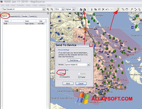 Ekrano kopija MapSource Windows XP