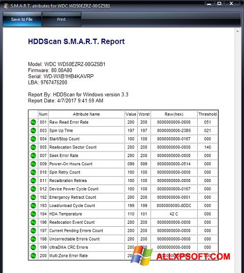 Ekrano kopija HDDScan Windows XP