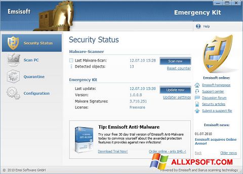 Ekrano kopija Emsisoft Emergency Kit Windows XP