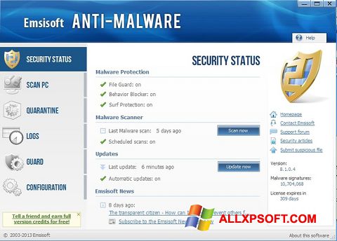 Ekrano kopija Emsisoft Anti-Malware Windows XP
