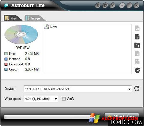 Ekrano kopija Astroburn Lite Windows XP