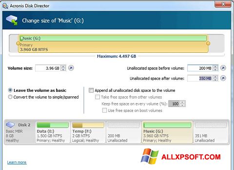 Ekrano kopija Acronis Disk Director Suite Windows XP