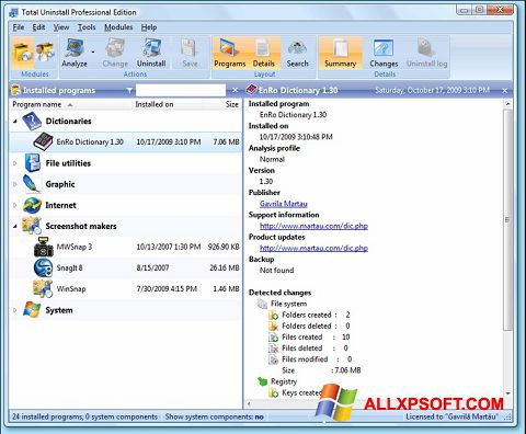 Ekrano kopija Total Uninstall Windows XP