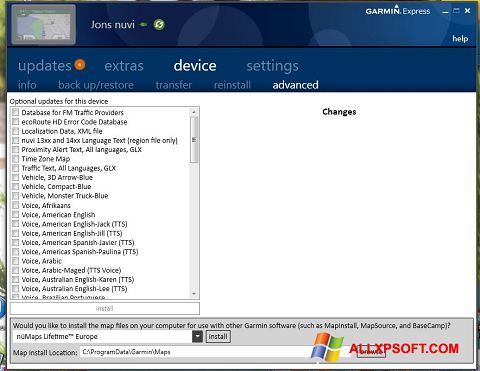 Ekrano kopija Garmin Express Windows XP