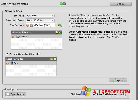 Ekrano kopija Cisco VPN Client Windows XP