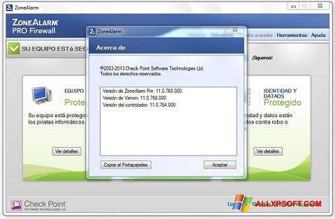 Ekrano kopija ZoneAlarm Windows XP
