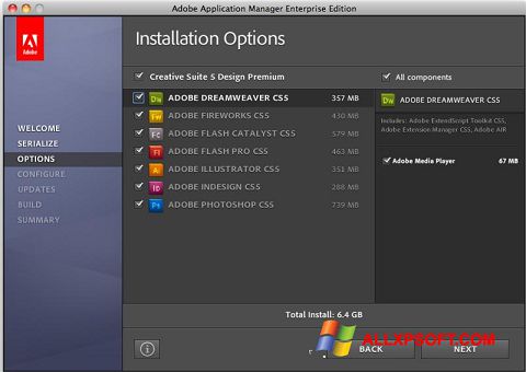 Ekrano kopija Adobe Application Manager Windows XP