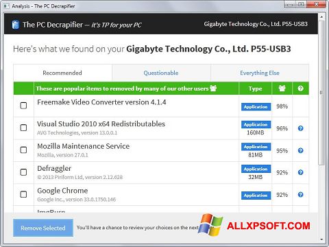 Ekrano kopija PC Decrapifier Windows XP