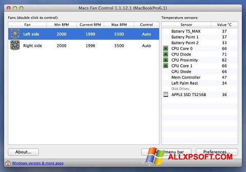 Ekrano kopija Macs Fan Control Windows XP