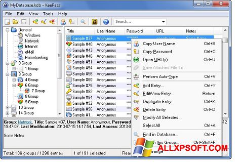 Ekrano kopija KeePass Windows XP