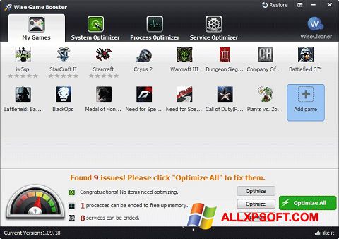 Ekrano kopija Wise Game Booster Windows XP