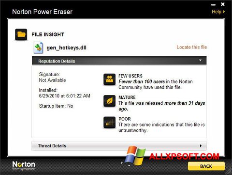 Ekrano kopija Norton Power Eraser Windows XP
