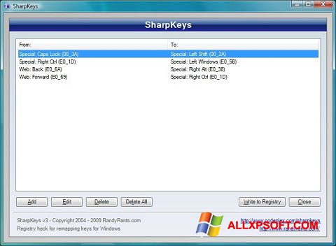 Ekrano kopija SharpKeys Windows XP