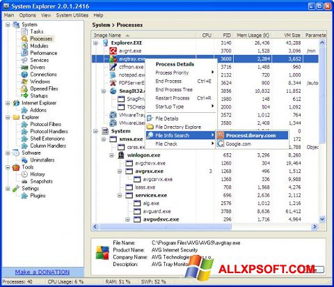 Ekrano kopija System Explorer Windows XP
