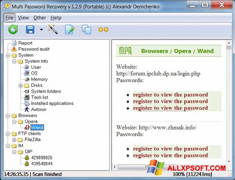 Ekrano kopija Multi Password Recovery Windows XP