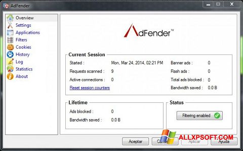 Ekrano kopija AdFender Windows XP