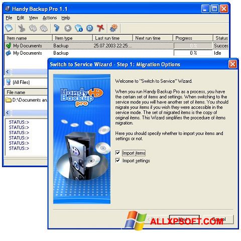 Ekrano kopija Handy Backup Windows XP
