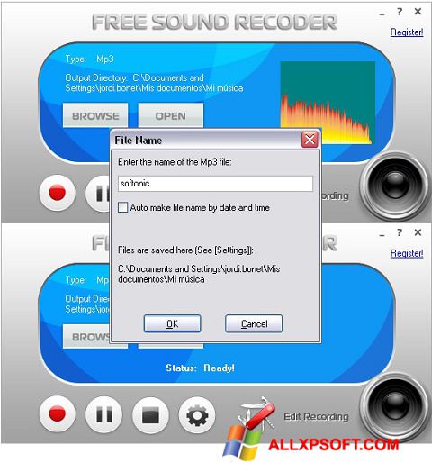 Ekrano kopija Free Sound Recorder Windows XP