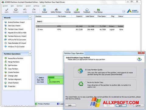 Ekrano kopija AOMEI Partition Assistant Windows XP
