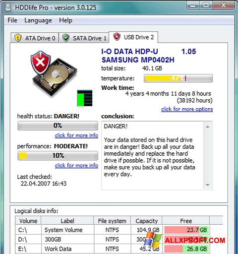 Ekrano kopija HDDlife Windows XP