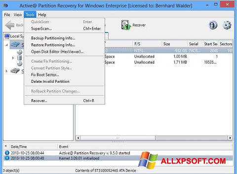 Ekrano kopija Active Partition Recovery Windows XP