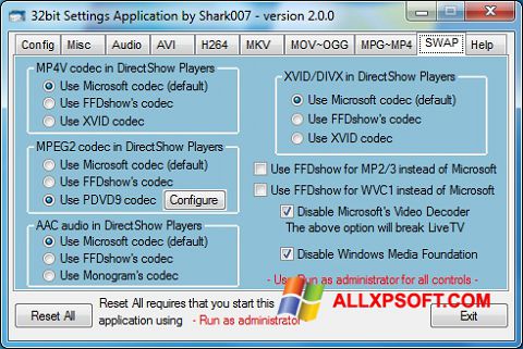 Ekrano kopija ADVANCED Codecs Windows XP