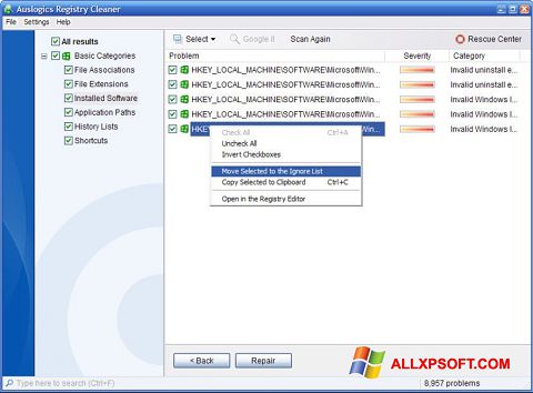 Ekrano kopija Auslogics Registry Cleaner Windows XP