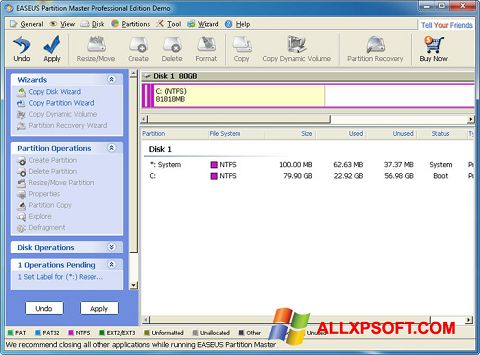 Ekrano kopija EASEUS Partition Master Windows XP