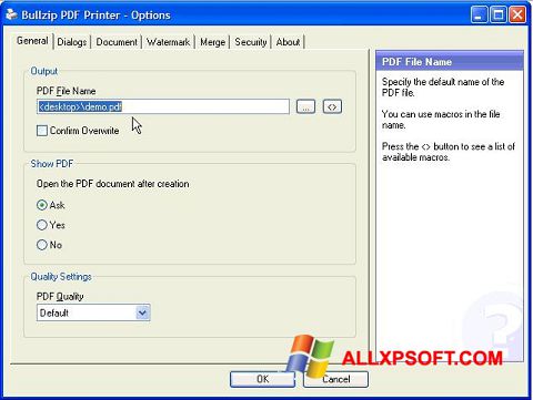 Ekrano kopija BullZip PDF Printer Windows XP
