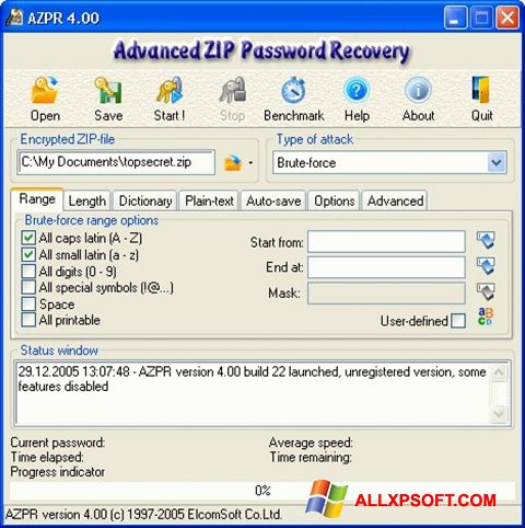 Ekrano kopija Advanced Archive Password Recovery Windows XP