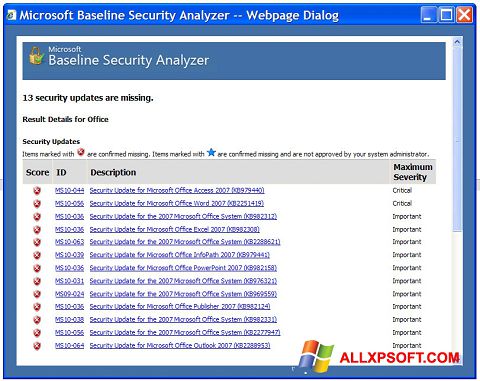 Ekrano kopija Microsoft Baseline Security Analyzer Windows XP