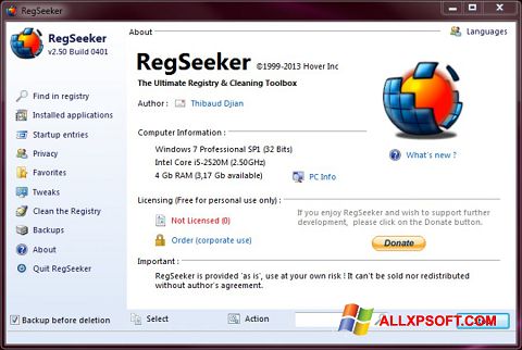 Ekrano kopija RegSeeker Windows XP