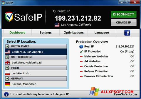 Ekrano kopija SafeIP Windows XP